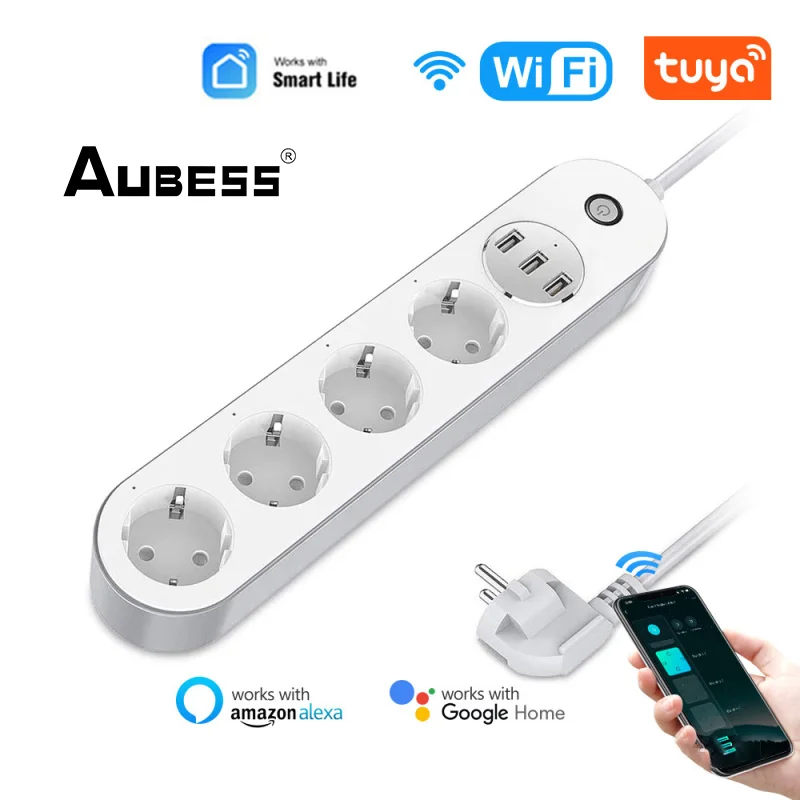 

Умный сетевой фильтр Aubess, 4 евророзетки, 3 USB-порта для зарядки, таймер, голосовое управление с помощью приложения, работает с Alexa Google Smart Home