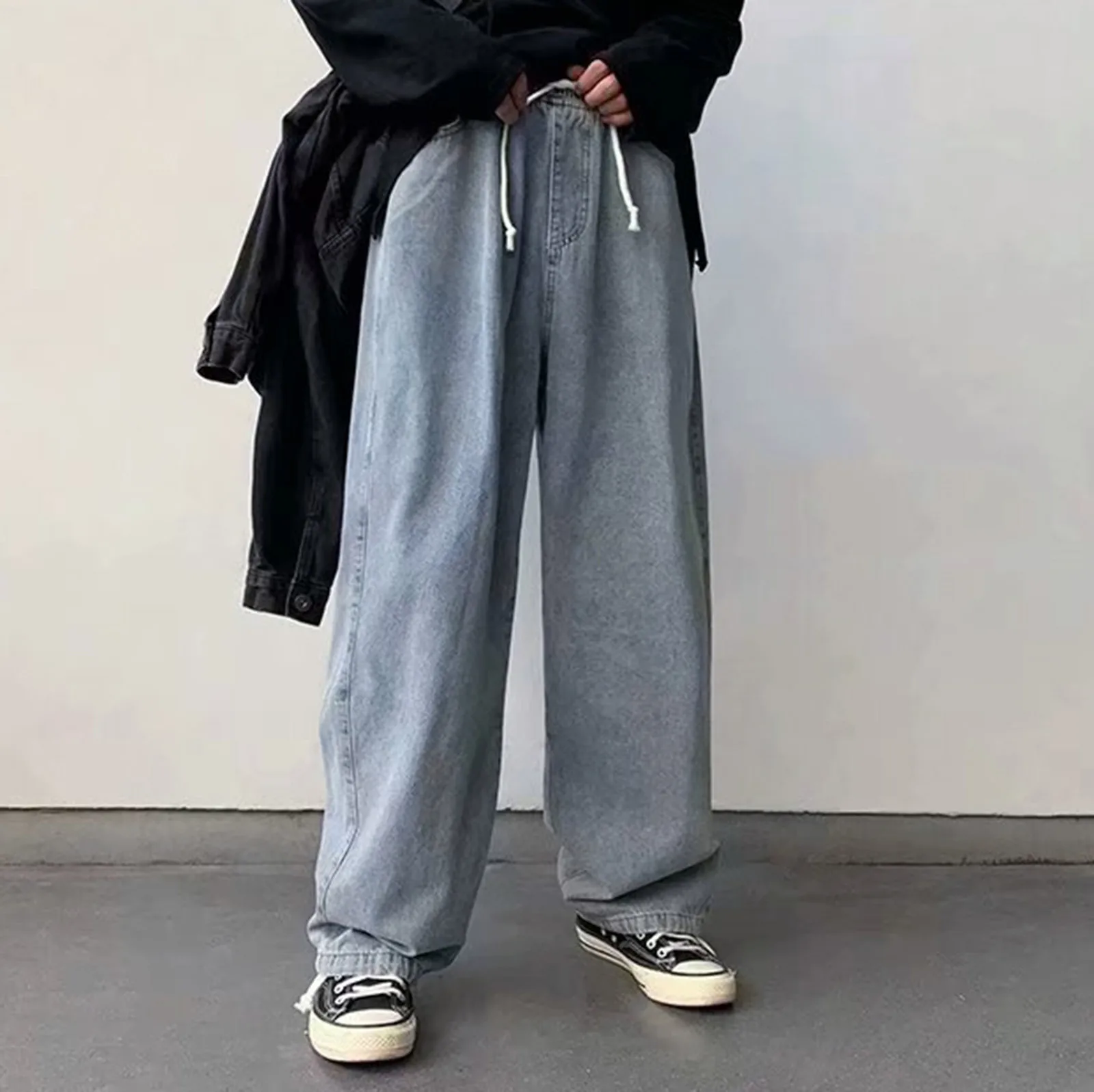 

2022 Men Jeans Solid Drawstring Denim Full Length Straight Loose Males All-match Trendy Punk Baggy Leisure Chic Cowboy Trousers