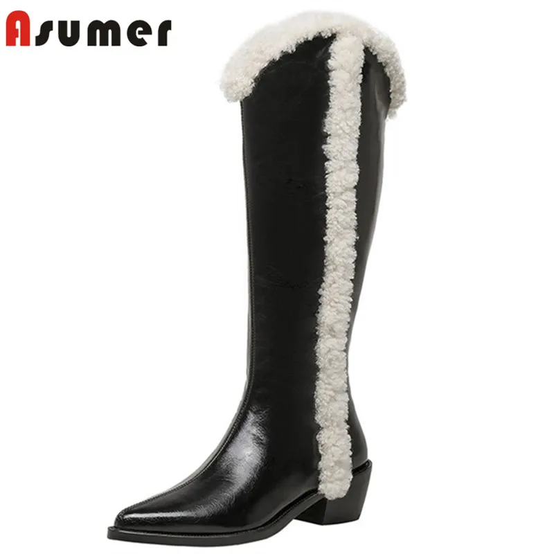 

Женские сапоги для верховой езды Asumer, из натуральной кожи, на толстом каблуке, повседневные зимние сапоги до колена с острым носком, зима 2021
