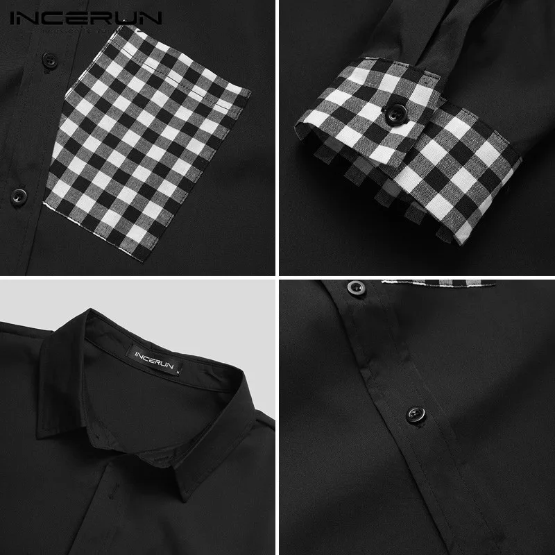 

Men Shirt Plaid Patchwork Turn Down Collar Long Sleeve 2021 Blouse Streetwear Button Stylish Casual Men Clothing Camisas INCERUN