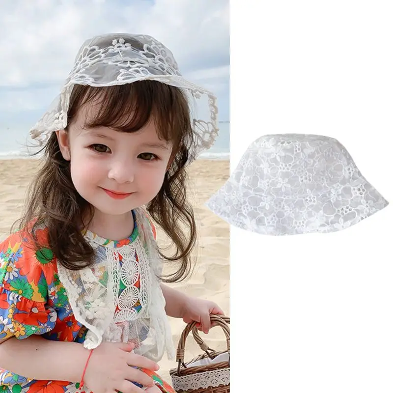 

Children Kids Summer Thin Bucket Hat Embroidery Floral Lace Sunscreen Wavy Wide Brim Packable Beach Fisherman Cap 3-8T