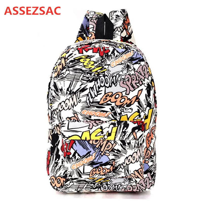 Новинка Холщовый Рюкзак ASSEZSAC с граффити Женская Студенческая школьная сумка