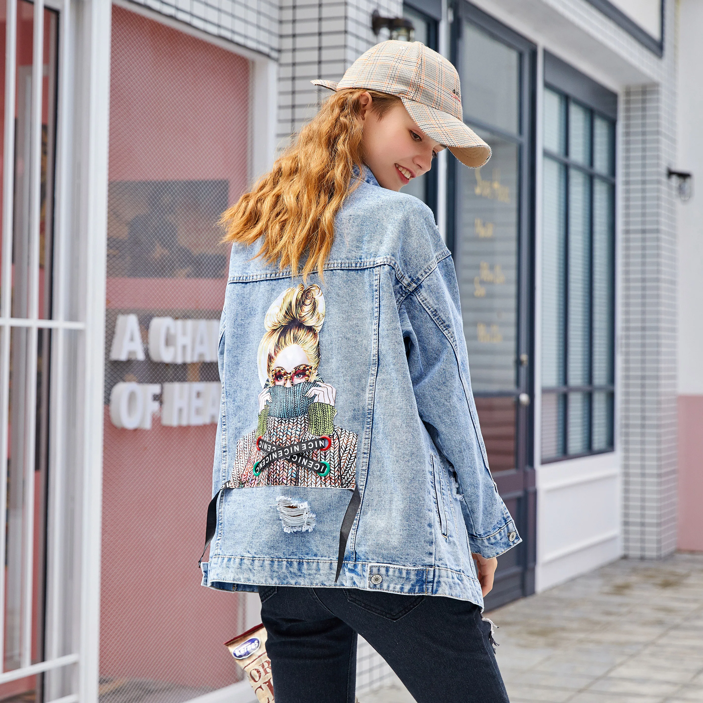

Personality printed back pocket denim spring jacket jacket ladies autumn 2019 street single-breasted ladies casual jacket top