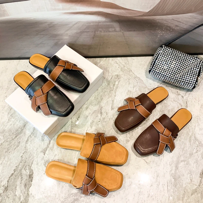 

Bow Muller Shoes Women's Lazy Shoes Flat-bottomed Baotou Half Slippers Sandals and Slippslippers Women's Summer Outdoor