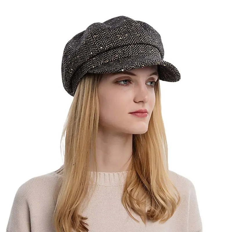 

Beret For Women Fashion sequins fedora hat Winter octagonal Newsboy Military caps Ladies casual Painter Cap wool peaked cap