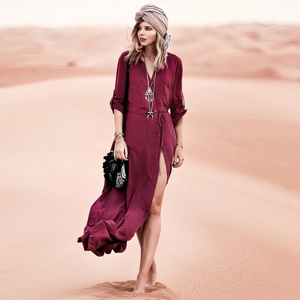 

Beach Outing Bohemian Red V Neck Buckle Tunics Swimsuit Cover Up 2023 Summer Women Bikini Body Wrap Pareo Beachwear Cardigan