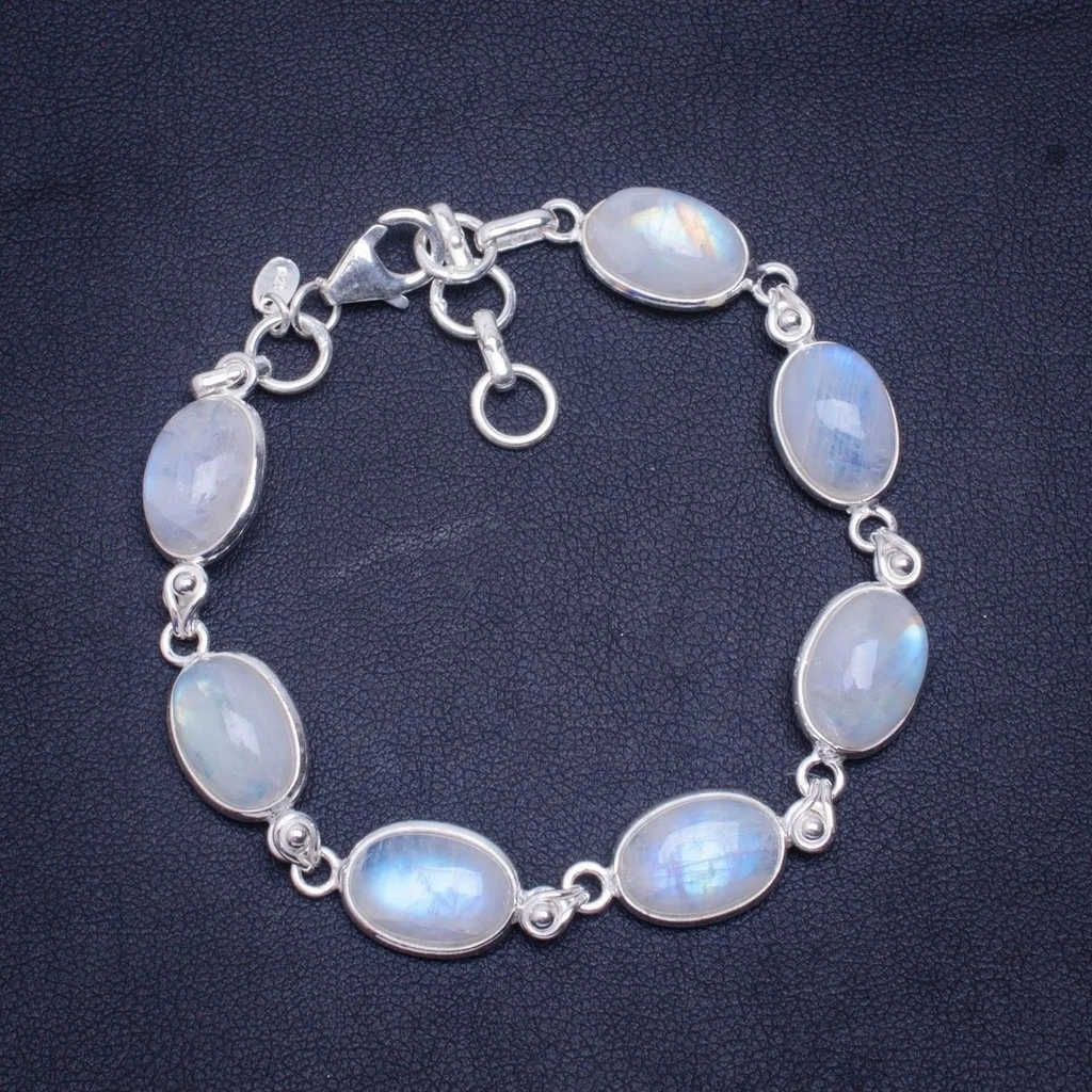 

Натуральный Радужный Лунный Камень ручной работы уникальный 925 пробы Серебряный Браслет 6,5-7,5 "A2933