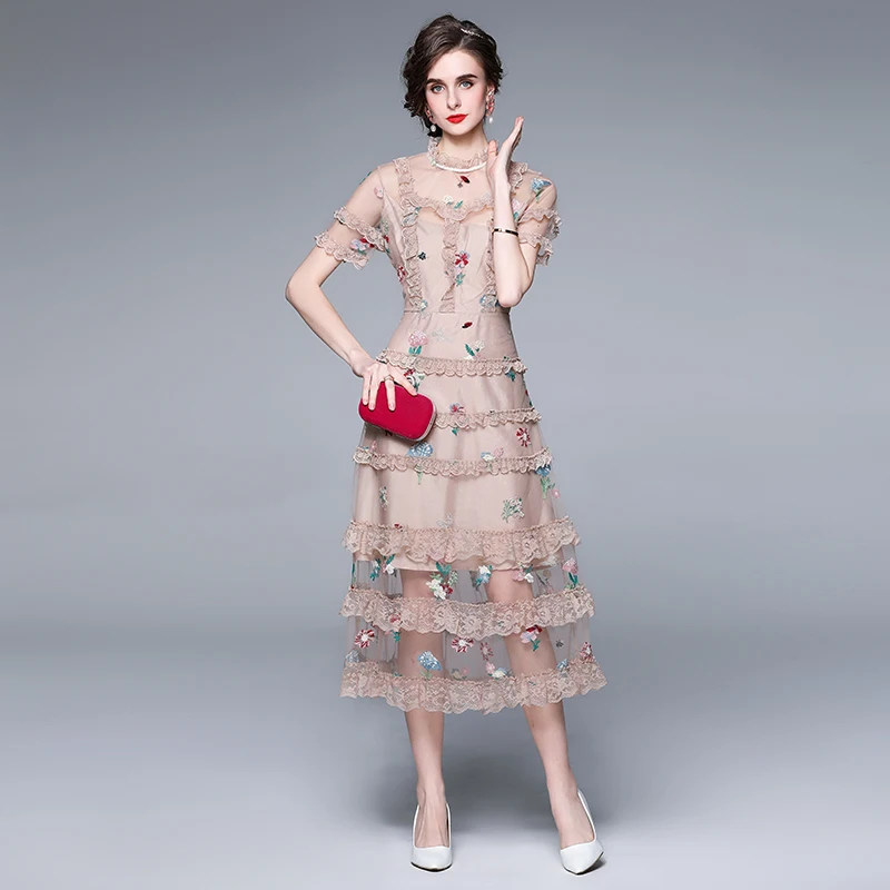 

JSXDHK Runway Summer Women Party Dress Elegant Mesh Flower Embroidery Short Sleeeve Ladies Lace Ruffles Tulle Holiday Long Dress