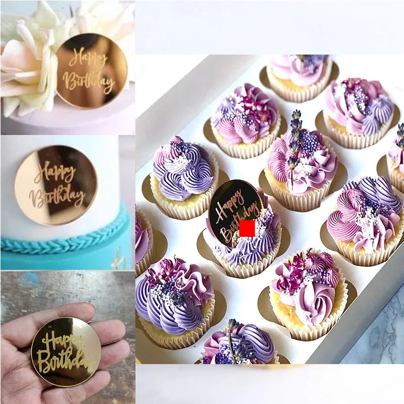 Розовое золото акрил с днем рождения для капкейка-серебро выпечка торта ко дню