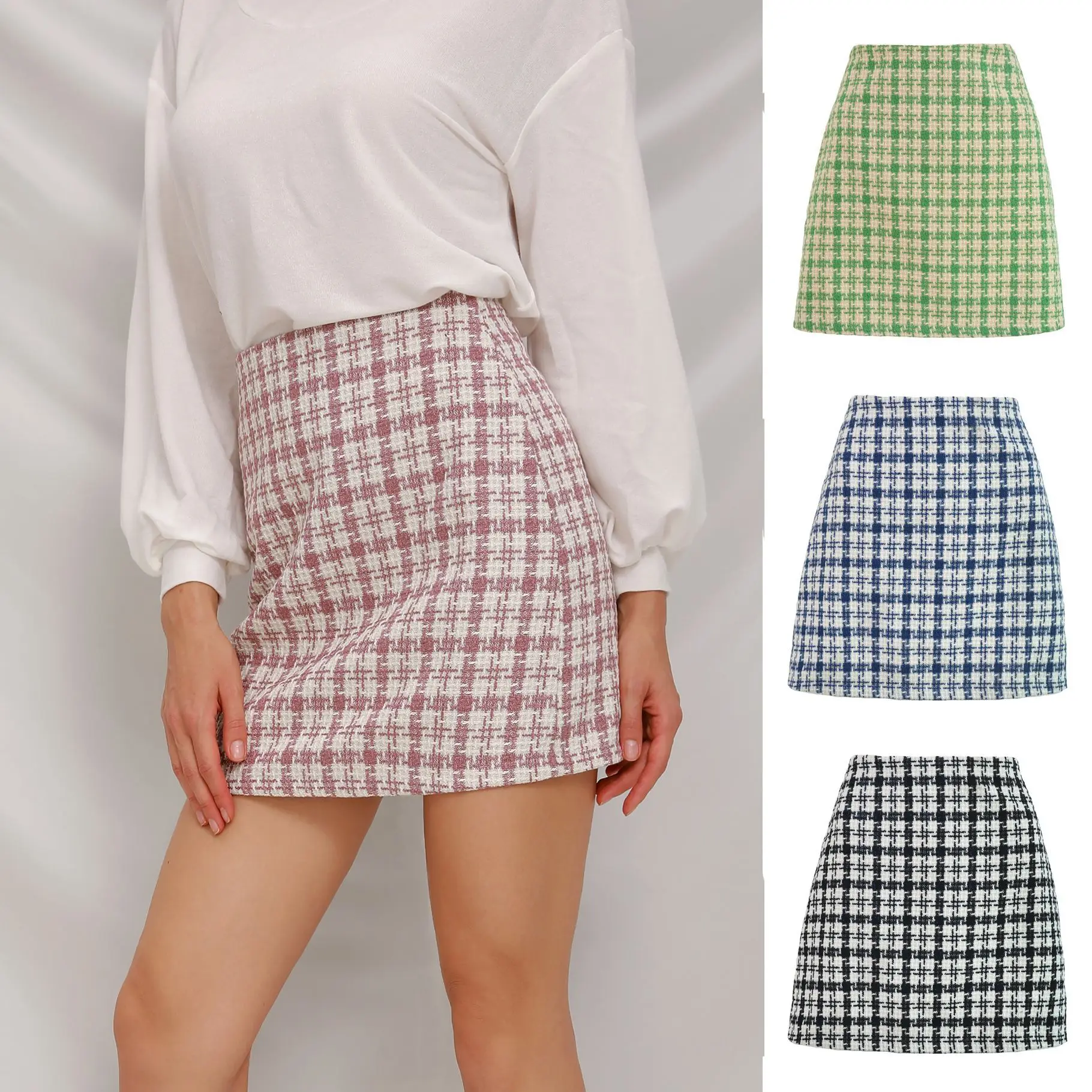 

Donsignet Autumn and Winter 2020 New High Waist Skirt Retro Plaid A-LINE Mini Skirts for Women Knitted Skirts Womens