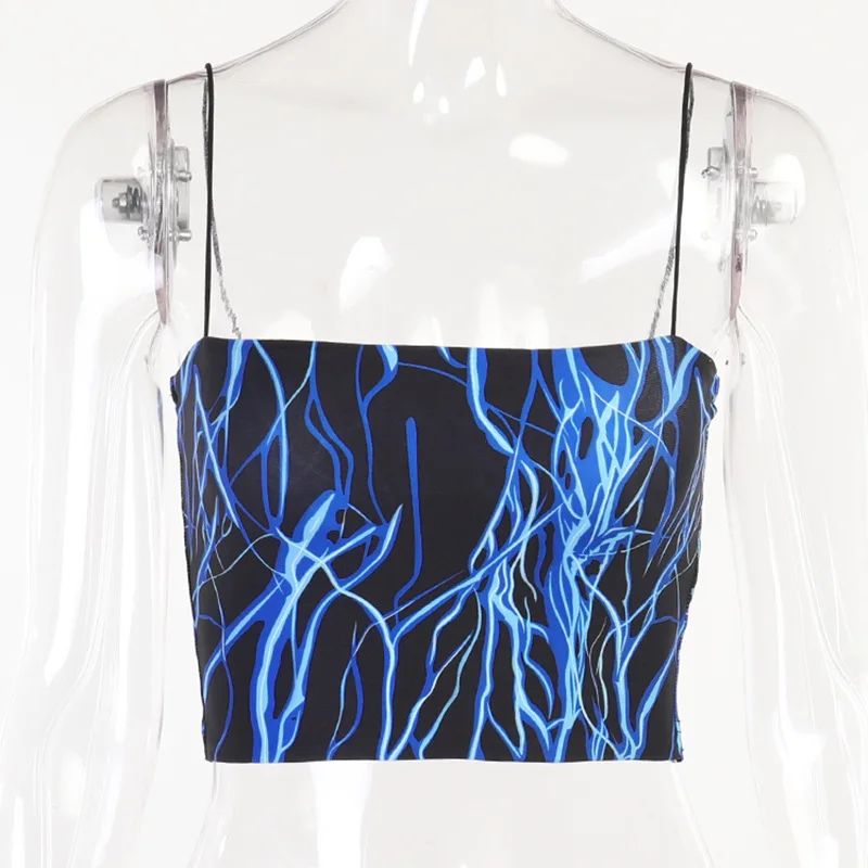 

2021 Summer New Sexy Backless Suspender Crop Tops Gothic Punk Blue Lightning Print Women Tank Top