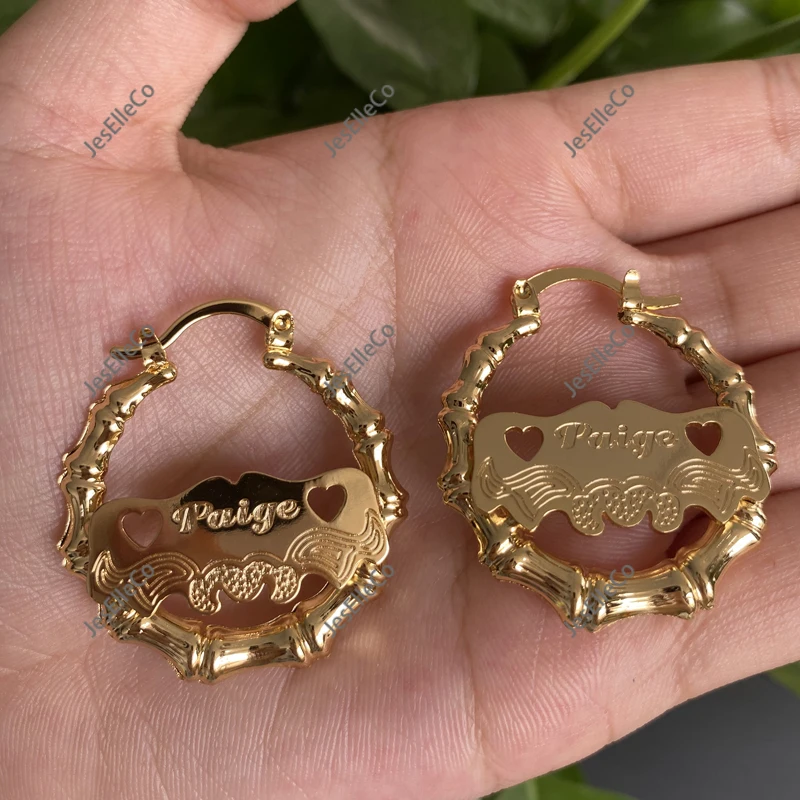 Серьги-кольца из бамбука с именем на заказ обручи под подарок день матери для