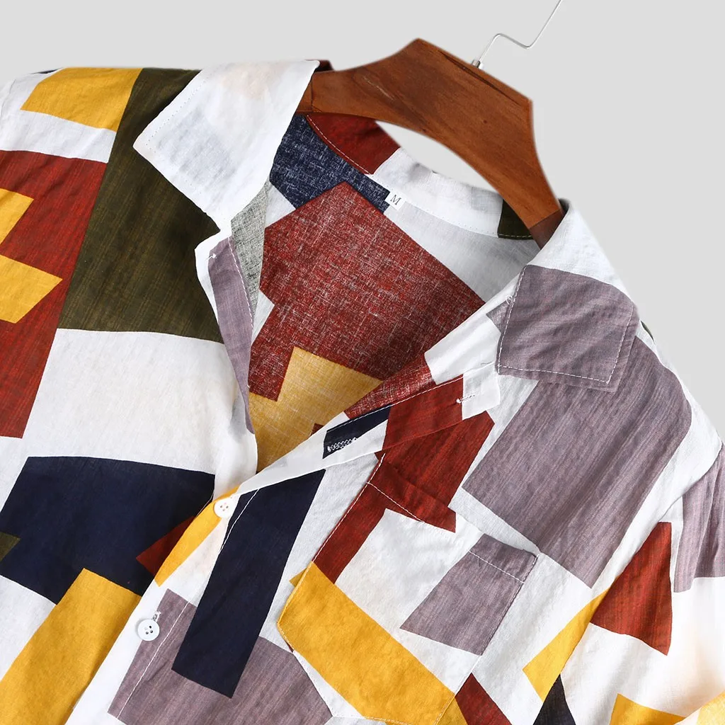 

Summer Man Shirt Fashion Mens Printed Hawaiian Stand Collar Cotton Linen Loose Short Sleeve Casual Buttons T shirt hawaii shirt