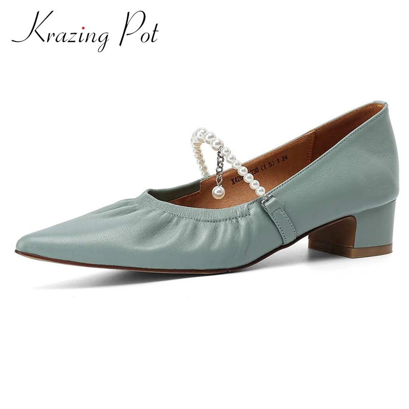 

Krazing pot beauty girls full grain leather beading pearl pleated pointed toe thick med heel slip on dating soft women pumps L28