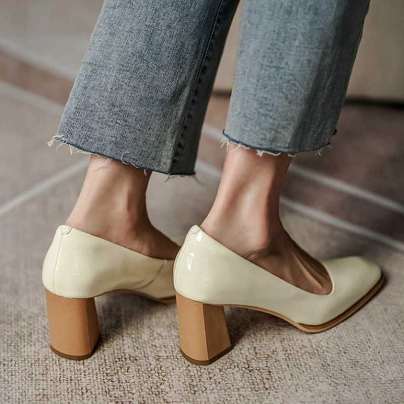 

RIZABINA New Women High Heel Shoes Real Leather Square Toe Women Pumps Fashion Party Office Shoes Women Footwear Size 33-40