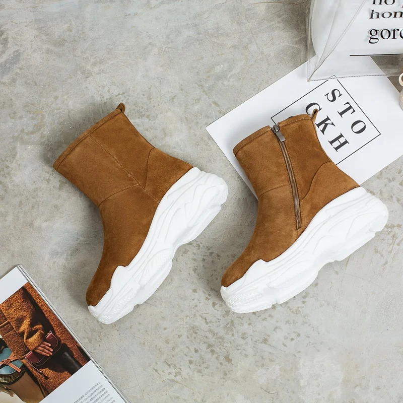 khaki white EGONERY/Новинка года; зимние ботинки из натуральной шерсти; теплые женские ботинки на молнии с круглым носком на платформе и высоком каблуке из коровьей замши; Прямая - Цвет: khaki white