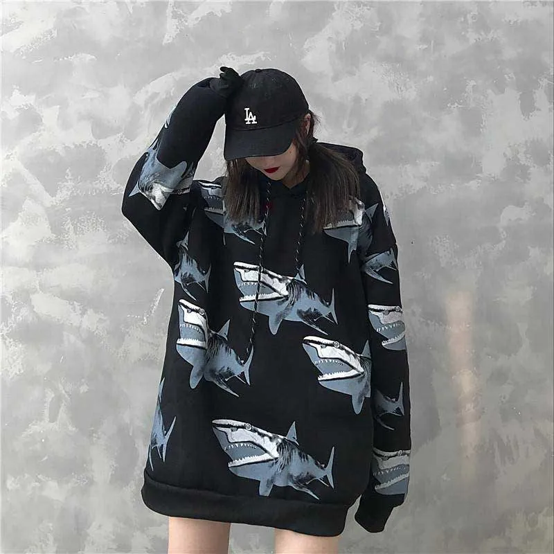 NiceMix Женская Зимняя коллекция, новая мода, ins, принт акулы, Harajuku, свободная повседневная бархатная куртка в стиле ретро в стиле хип-хоп, куртка с капюшоном