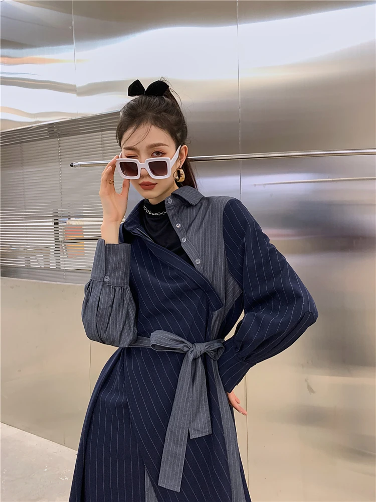 

CHEERART Royalblue Patchwork Striped Long Sleeve Shirt Dress Women Designer Clothes Lace Up Collar Dress Spring 2021 Fashion