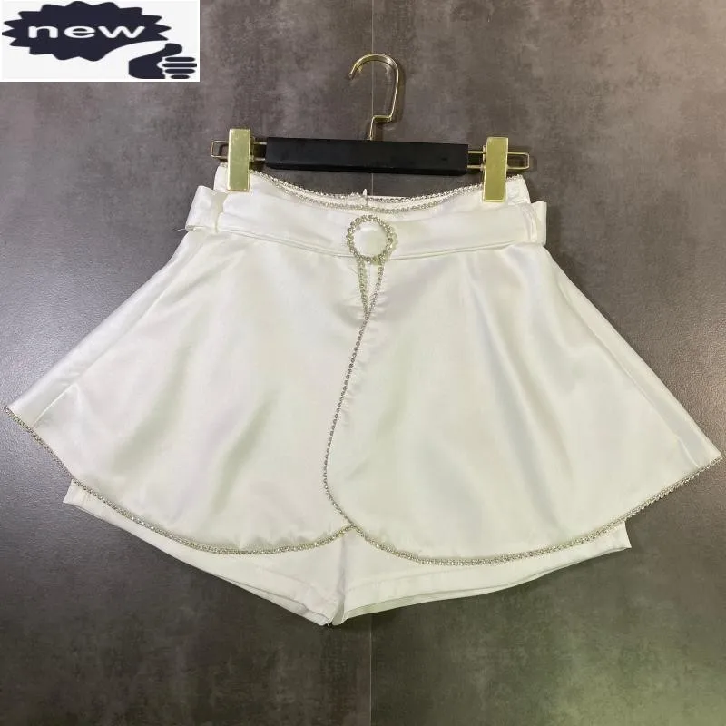 

Summer New Women Bling Diamonds Petal Skirts Casual Ladies Belted Slim Fit Wide Leg Shorts White Short Trousers