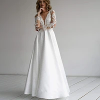 boho wedding dress lace illusion long sleeves a line country bridal dresses 2021 sexy v neck backless satin bridal gowns