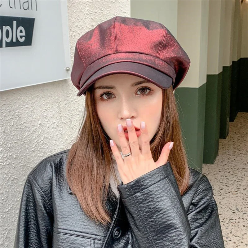 

Fashion Women's Octagonal Caps Shiny Leather For Lady Autumn Winter Newsboy Cap Hat Artist Winter Beret Female Painter Cap
