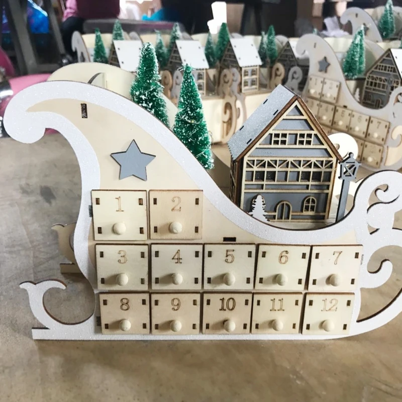 

Tree House Sleigh Wooden Advent Calendar Countdown Christmas Party Decor 24 Drawers with LED Light Ornament