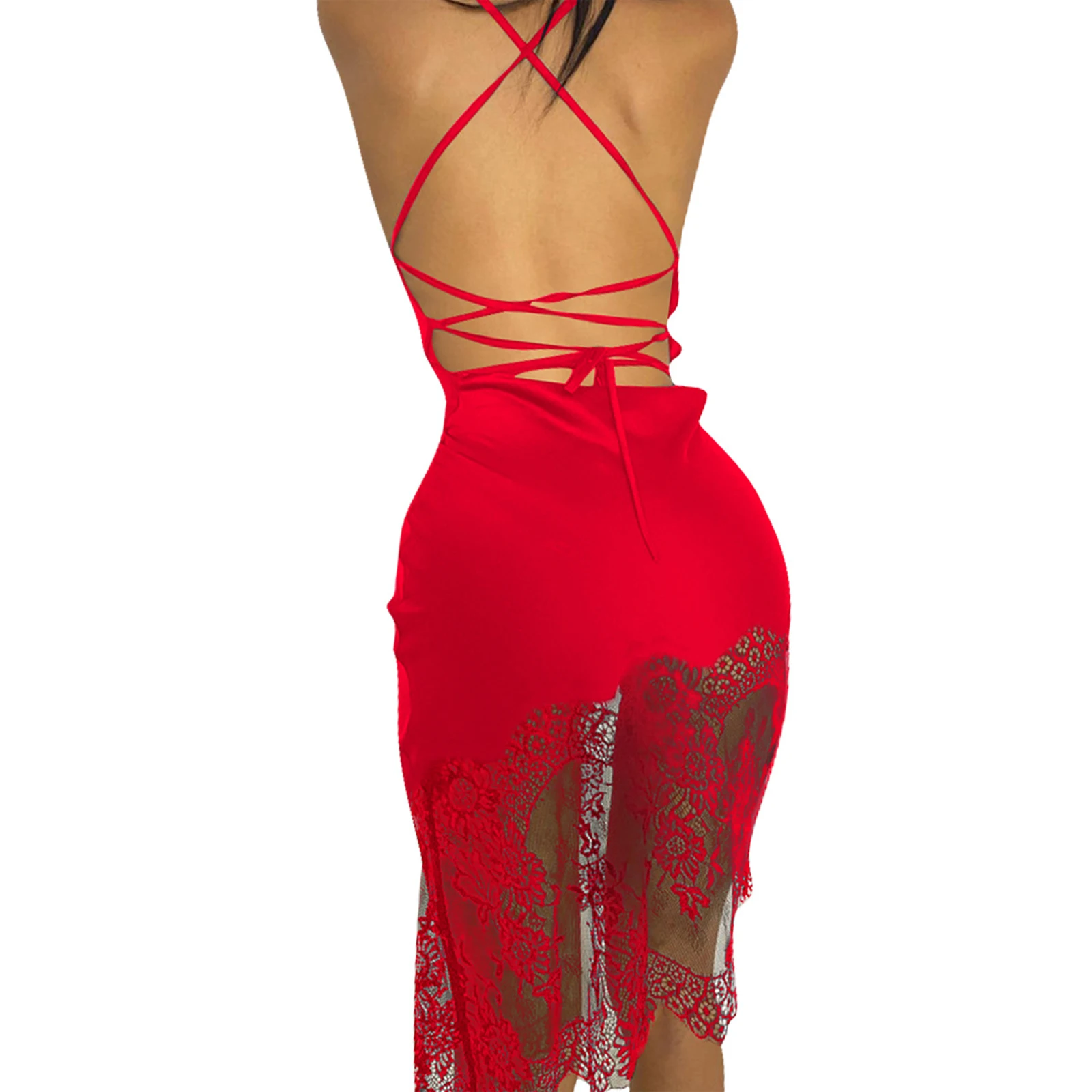 

Female Dress, Solid Color Sleeveless Spaghetti Strap One-Piece Lace Stitching Sundress for Summer, S/M/L/XL