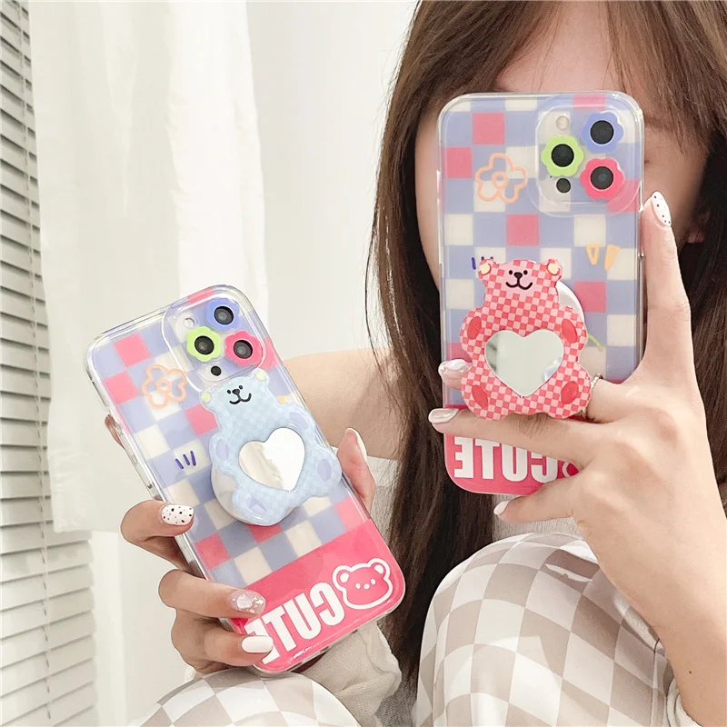 

Japan Korean Lattice Flower Pink Bear Bracket Soft Case for IPhone 7 8 Puls X XR XS 11 12 Pro Max Lovely Protection Back Cover