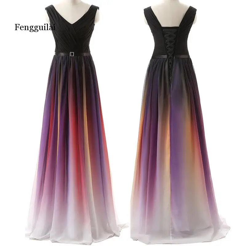 Сексуальное шифоновое платье с V образным вырезом и градиентом вышитое бисером