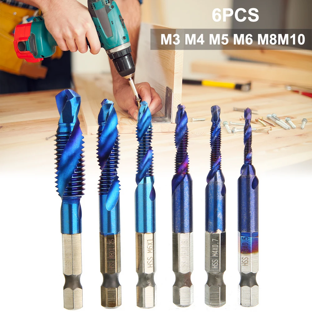 

6pcs/set Hand Drill Tap Bit Set HSS Combination Screw Tapping Tool Hex Shank Kit Metric Thread M3 M4 M5 M6 M8 M10 Blue Coating