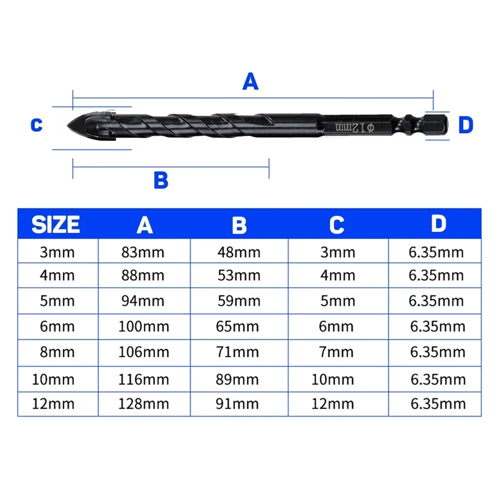 

7Pcs 3-12mm Drill Bits Set Tungsten Carbide Tipped Spear Head Tile Ceramic Concrete Wood Glass Hole Punch Saw Hex Metal Drill