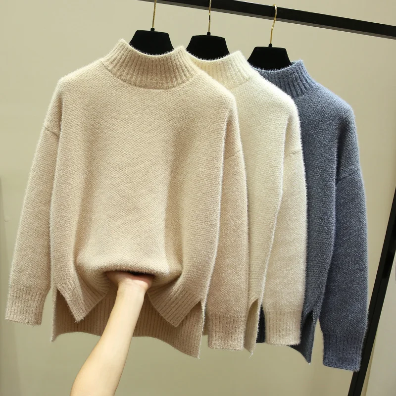 Однотонный женский свитер с высоким воротом свободный плотный теплый элегантный