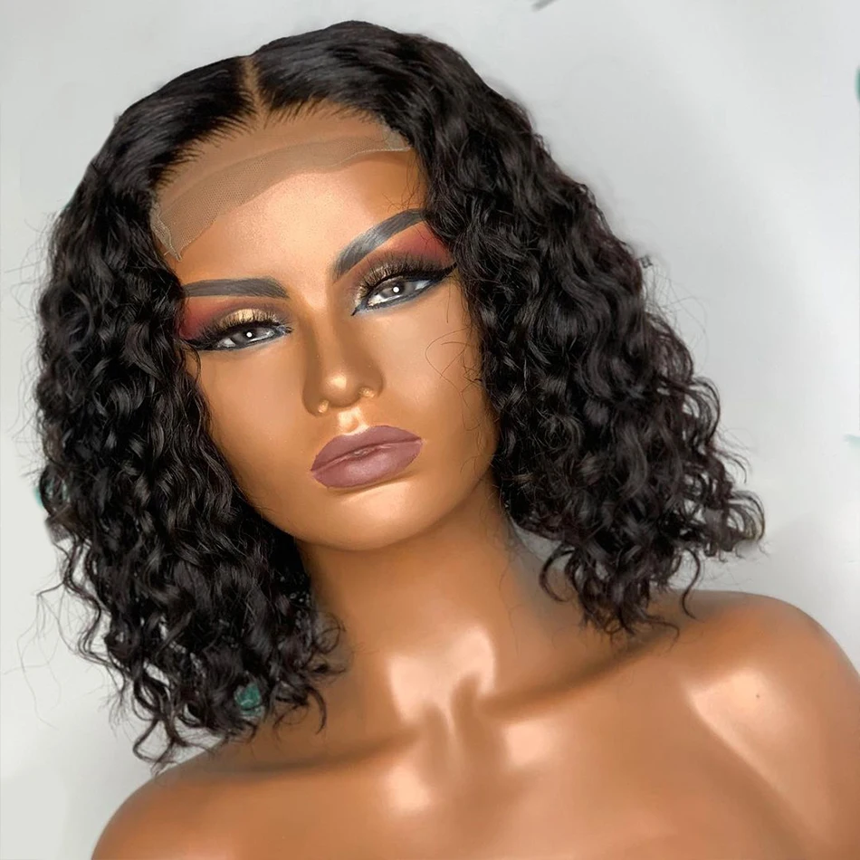 

Glueless Short Hair Kinky Curly Bob Wig Middle Part Synthetic Jet Black Wig For Black Women Heat Resist Soft Hair Daily Party