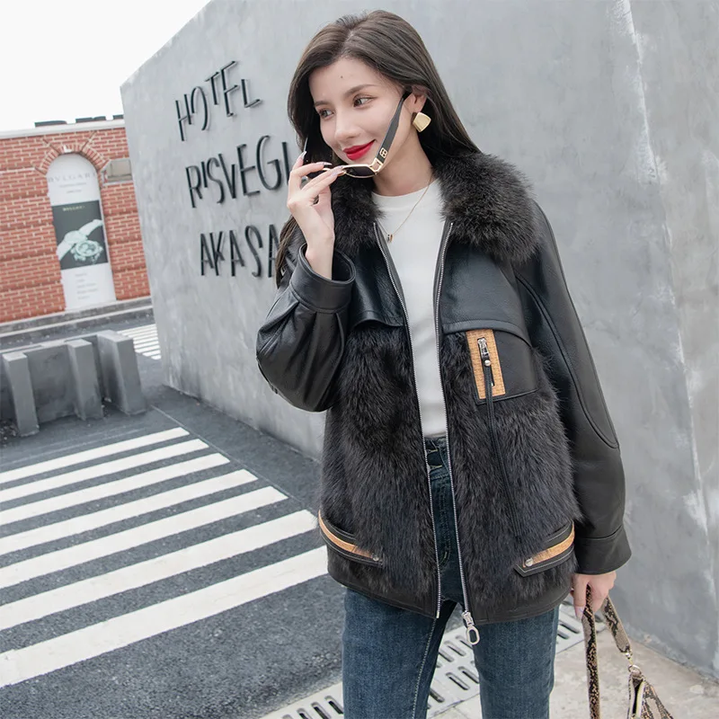 

2021 winter new fur coat mid-length fur one-piece square-neck motorcycle jacket coat is thin and real fox fur