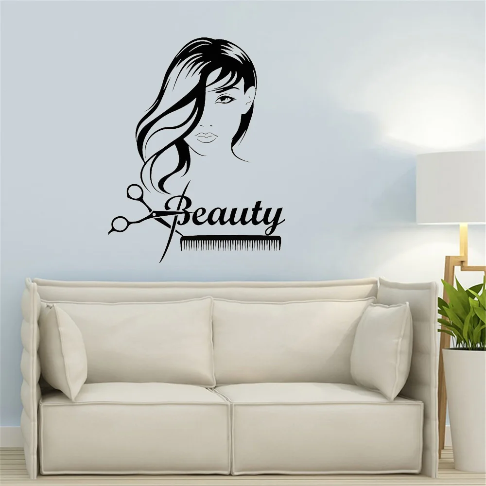 

Beauty Girl Long Hair Scissors Comb Barbershop Wall Stickers Vinyl Removable Interior Sticker on the wall Hairdressing Art