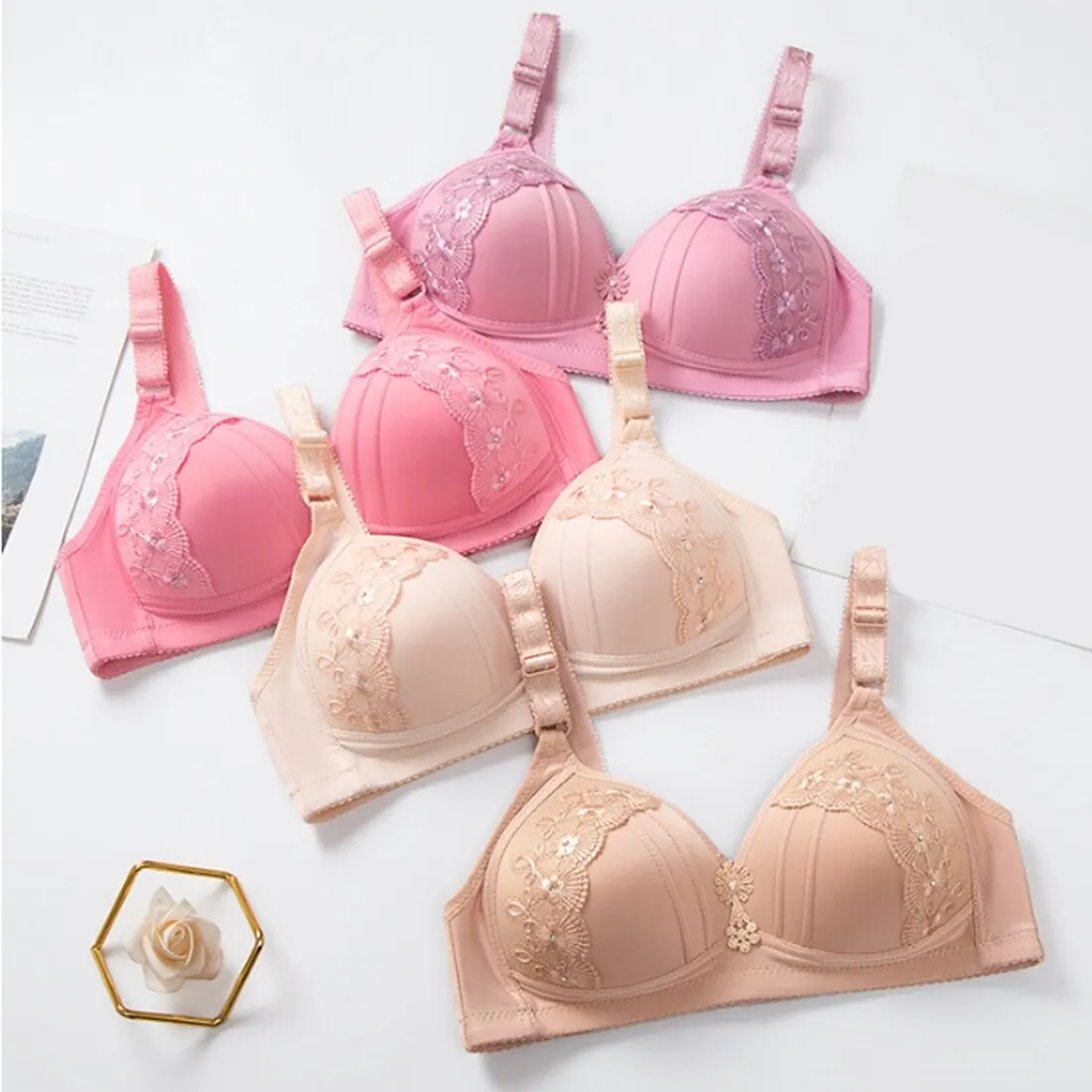 

Flower Wireless Push up Bra Big Cup For Big Breasted Women Fat Full Coverage Thin Wire Free Back Closure Plaid Soft Bra Big Size