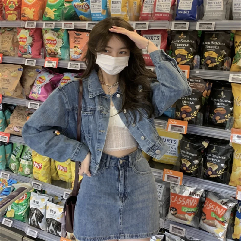 

2021 Autumn Women Denim Jacket Skirt Suit Elegant Casual 2 Pieces Set Short Jean Coat Mini Skirts Suit C259