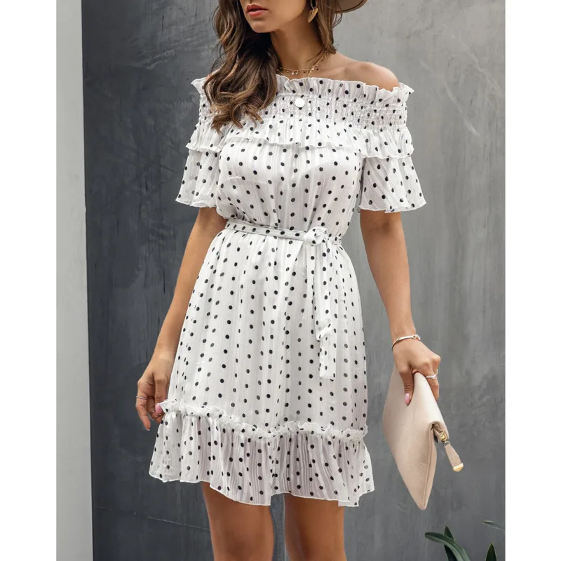 

Casual One-character Collar Printed Dress Ruffled Short-sleeved Lace Women's Summer Dress Streetwear Ropa Mujer Em*