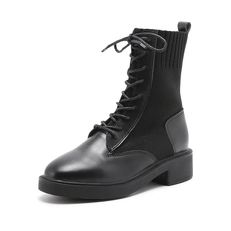 

Women's Autumn Ankle Boots Knitted Stretch Fabric Booties Stitching Women Ankle Boots Lace Up Shoes Woman Short Winter Warm Shoe