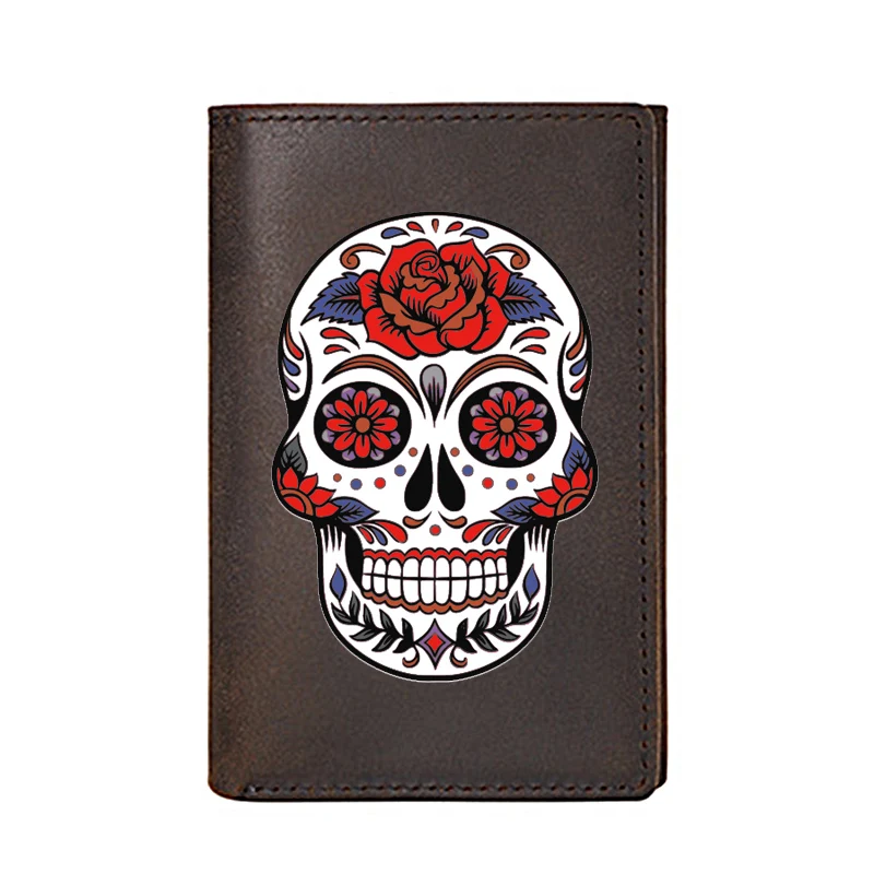 

High Quality Men Wallet Genuine Leather Steampunk Rose Skull Printing Card Holders Male Slim Mini Short Purse