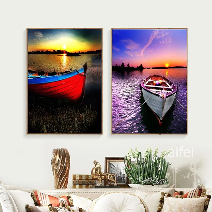 Nordic художественное украшение для дома плакат довольно лодка рисунок озера закат