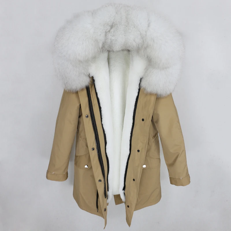 beige white OFTBUY зимняя куртка Женская водонепроницаемая куртка из натурального меха длинная парка натуральный Лисий меховой капюшон, воротник верхняя одежда уличная Роскошная - Цвет: beige white