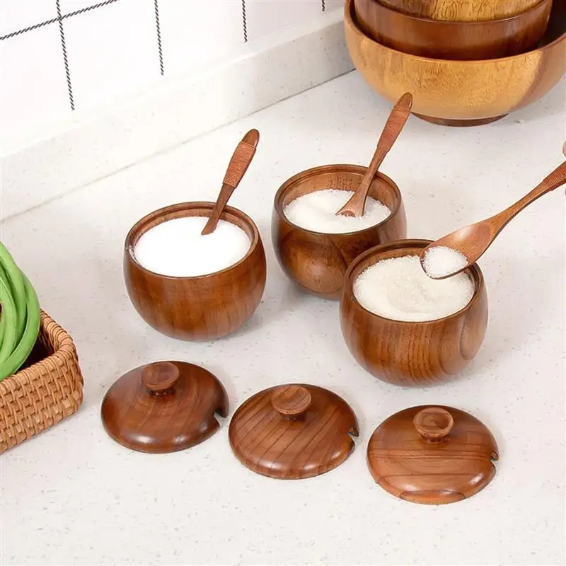 Деревянная банка для специй прочная легкая соляная коробка с крышкой и ложкой