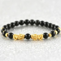 real 24k yellow gold bracelet for women female 6mm black agate beads 3mm gold beads bracelet 14 20cml