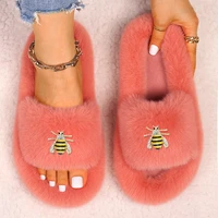 fur slippers women designer cute insect decor faux fur slides fluffy flip flops sandals platform slippers outdoor casual shoes