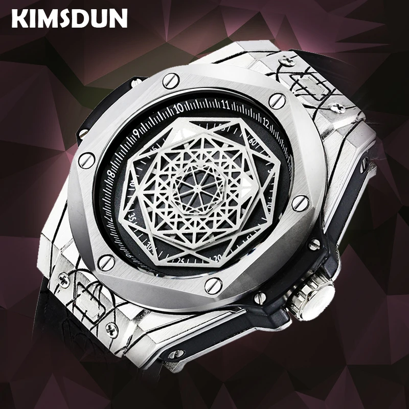 

Watch Men Unique Style Geometric Matrix Genuine Leather Waterproof Black Sport Watch Men luxury brand gifts for men reloj hombre