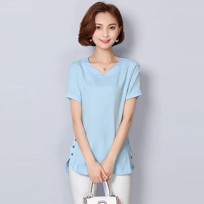 

Fashion Women Spring Summer Style Blouses Shirt Lady Casual Short Sleeve V-Neck Solid Women's Casual Loose Tops DF3564