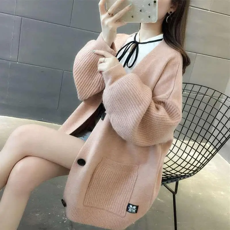 

Spring Autumn Mid-length Knit Cardigan Women's 2021 New Style Pocket Sweater Loose Jacket Cardigan Women Multicolor