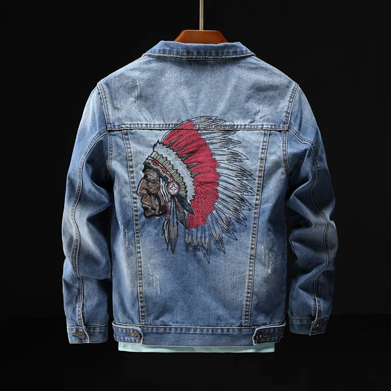 Spring Autumn 2020 teenagers Head Heavy Industry Embroidered Denim Jacket Men's Korean Slim Primitive tribe Locomotive coat | Мужская