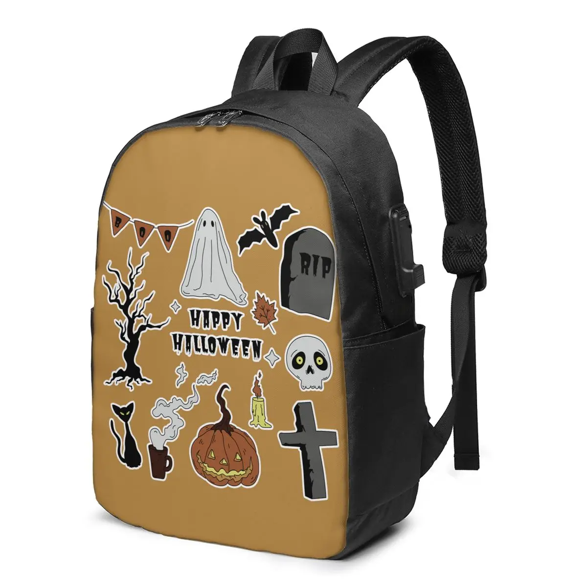 

Happy Halloween Party Backpacks Pumpkin Basic Charger USB Elementary School Backpack Teen Print Bags